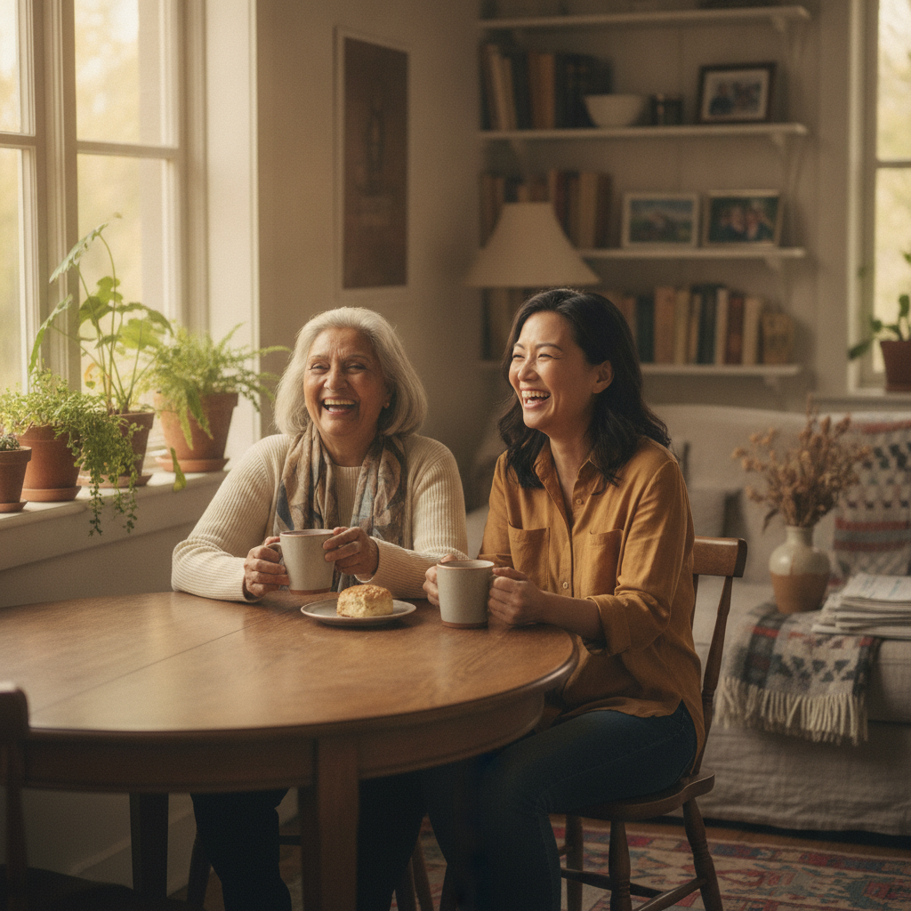 An older woman and her adult daughter laughing together over tea at a sunny kitchen table